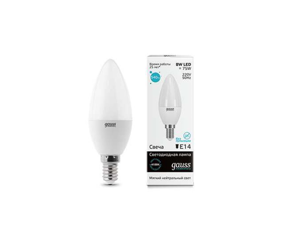 ლედ ნათურა Candle 8W E14 4100K gauss el - 33128 — ნათურა და ვაზნა